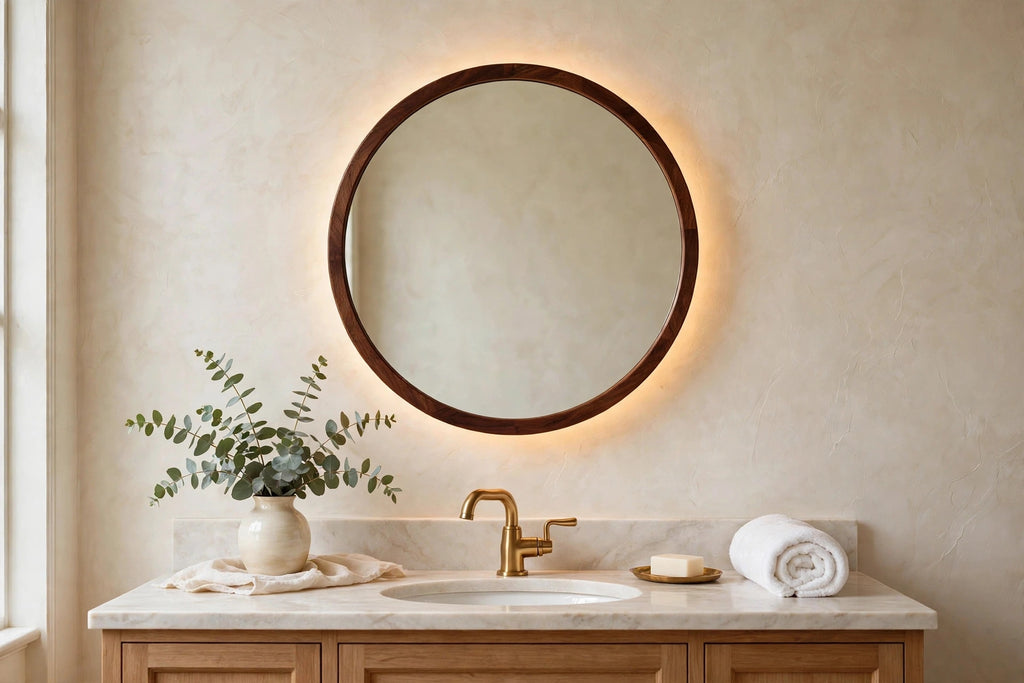 Custom lit walnut round mirror