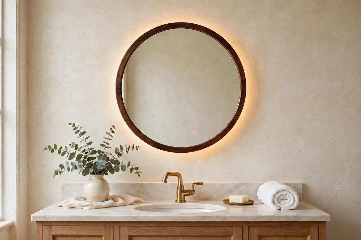 Custom lit walnut round mirror