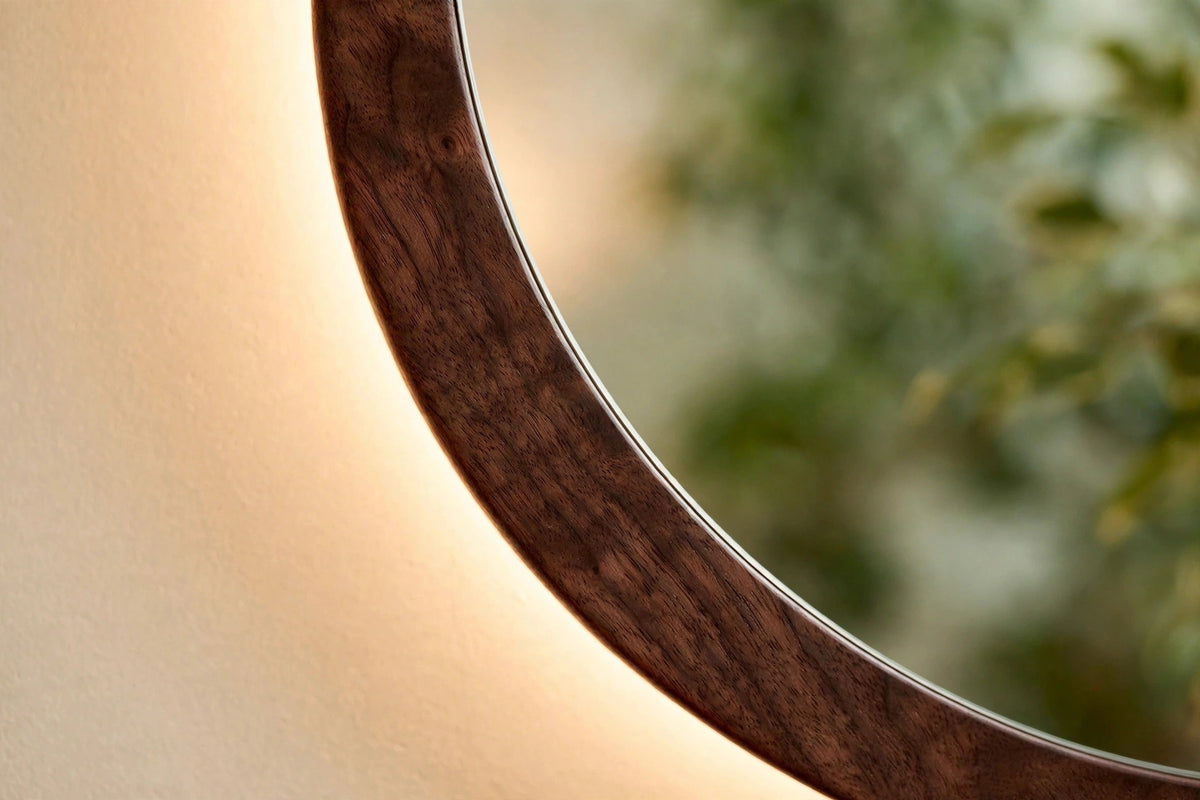 Custom lit walnut round mirror