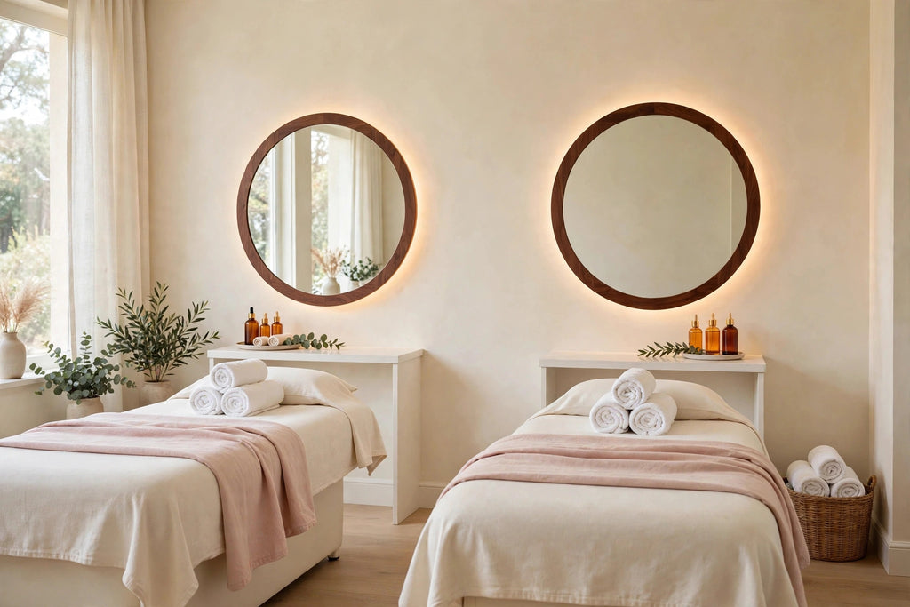 Custom lit walnut round mirror