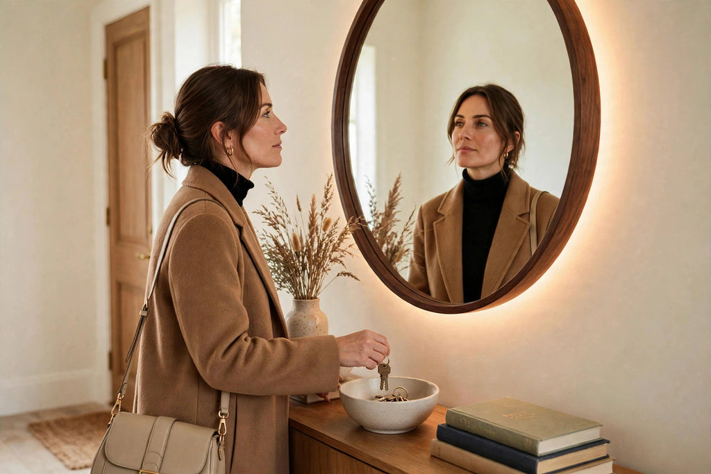Custom lit walnut round mirror