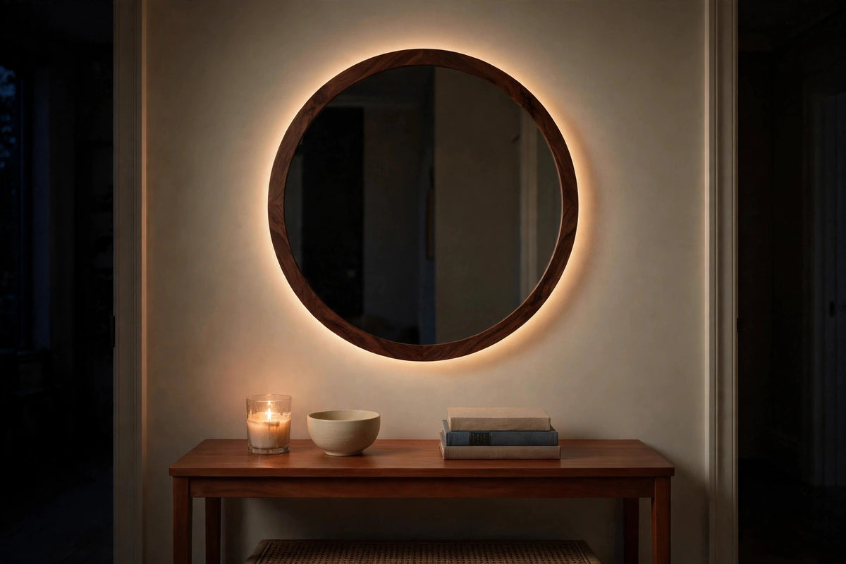 Custom lit walnut round mirror