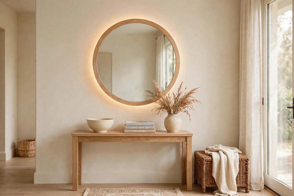 Custom lit white oak round mirror