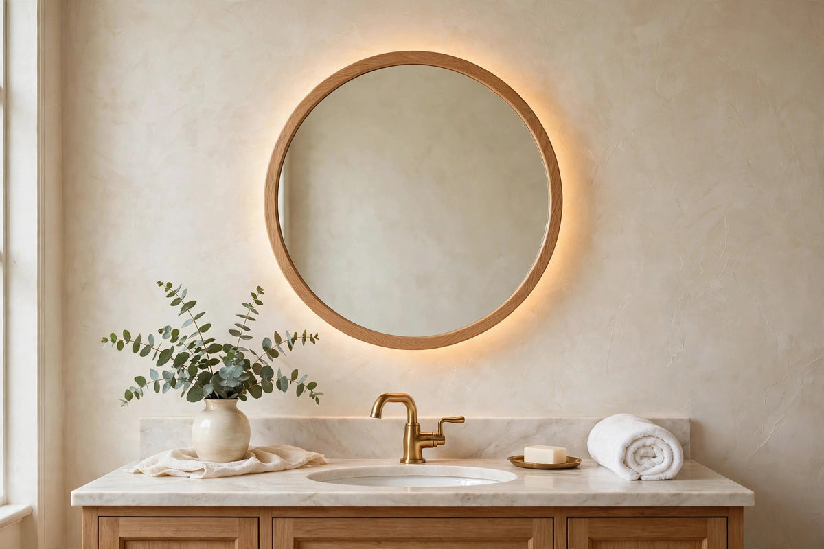 Custom lit white oak round mirror
