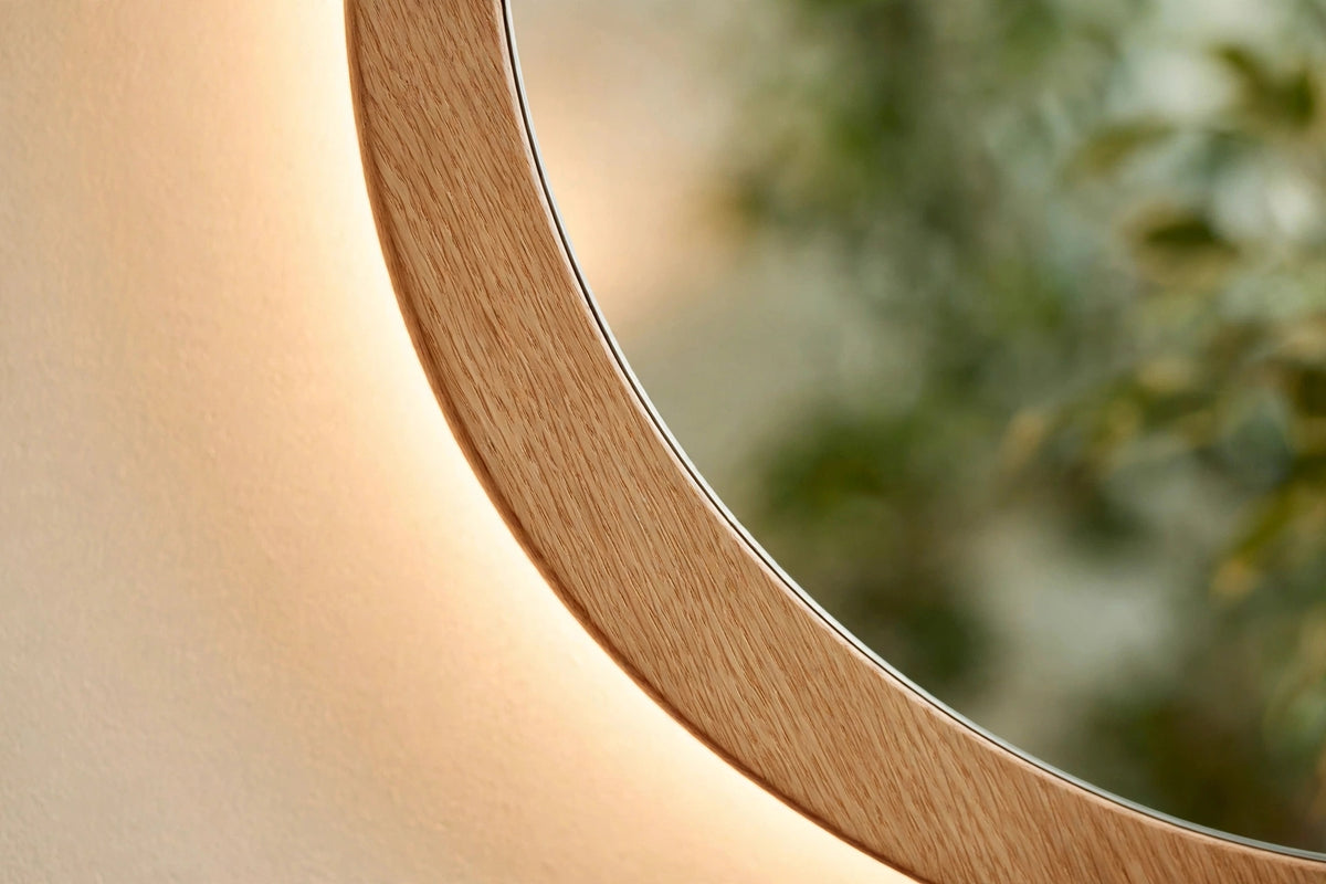 Custom lit white oak round mirror