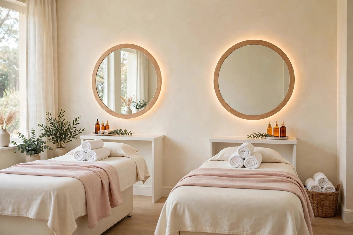 Custom lit white oak round mirror