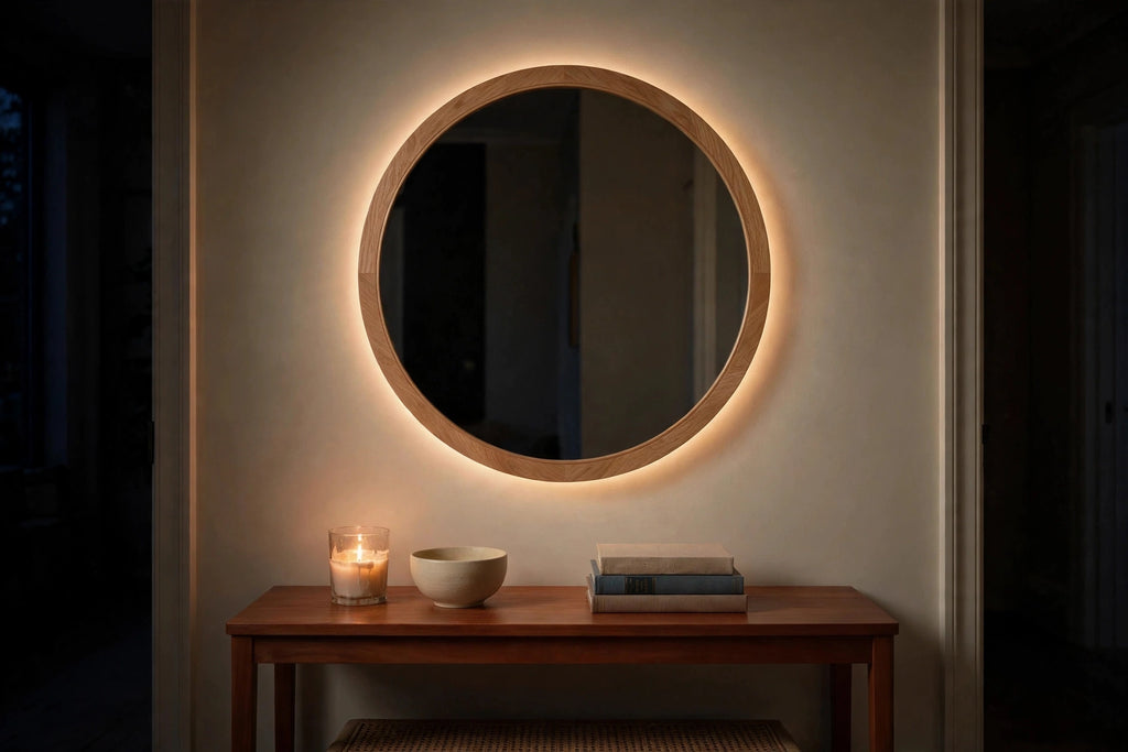 Custom lit white oak round mirror