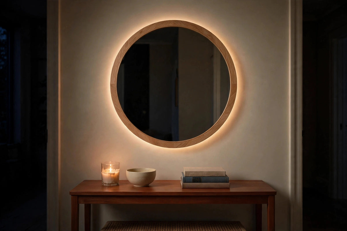 Custom lit white oak round mirror