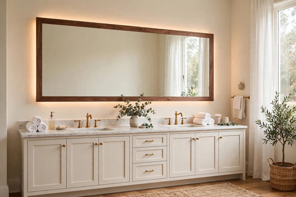 Custom lit walnut rectangle vanity mirror