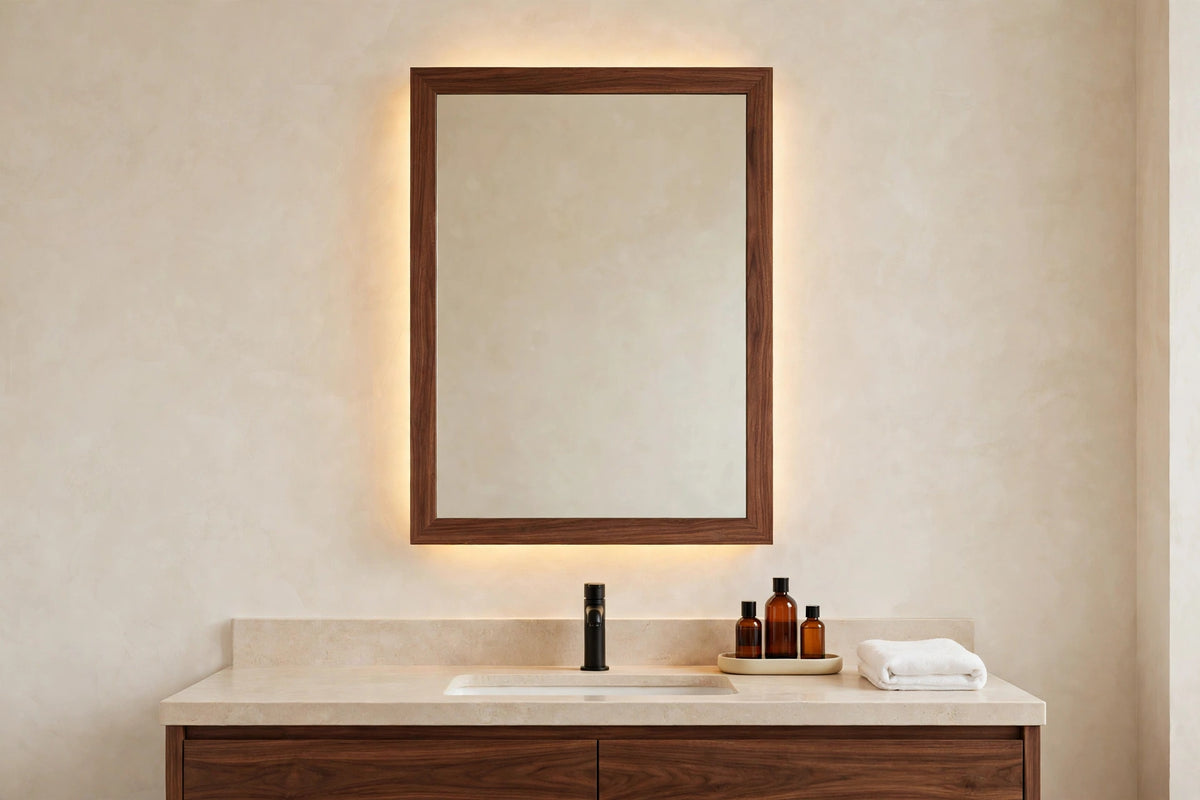 Custom lit walnut rectangle vanity mirror