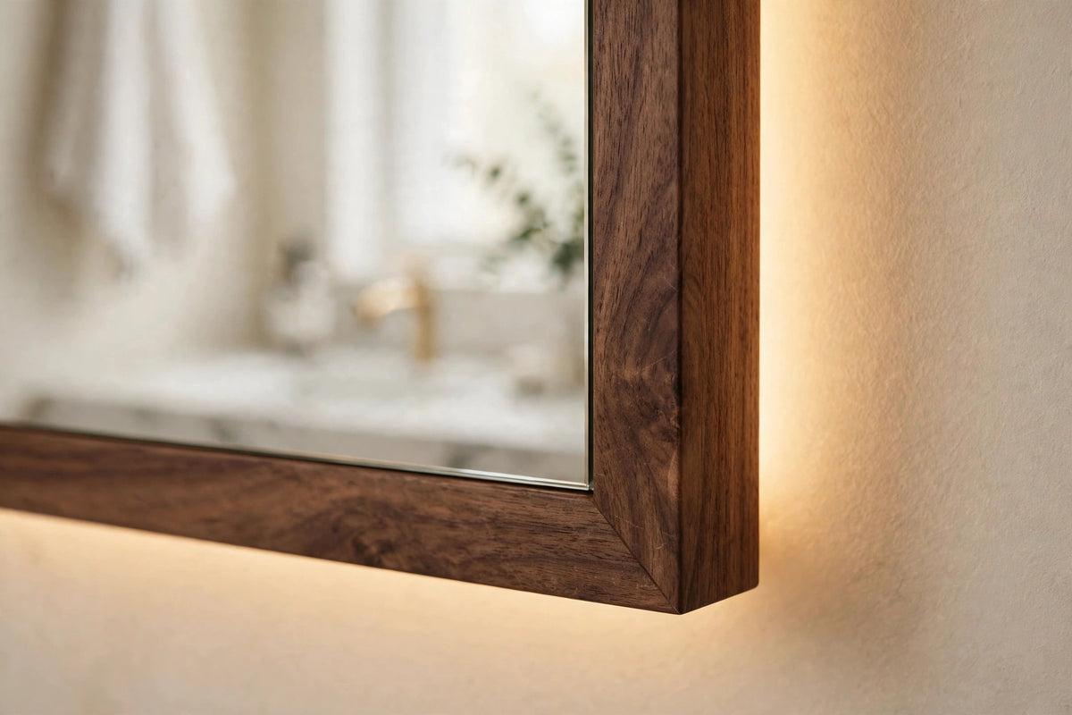Custom lit walnut rectangle vanity mirror