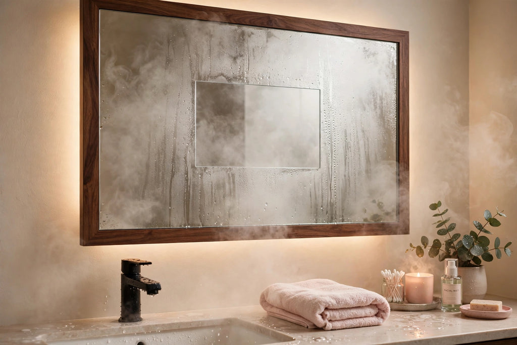 Custom lit walnut rectangle vanity mirror