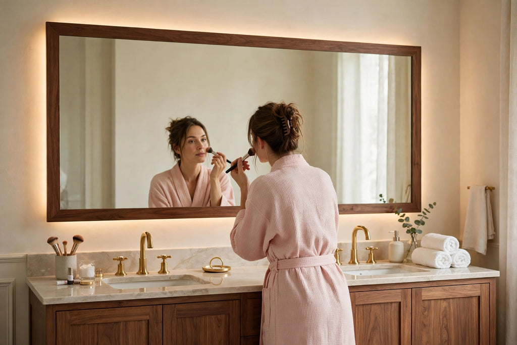 Custom lit walnut rectangle vanity mirror