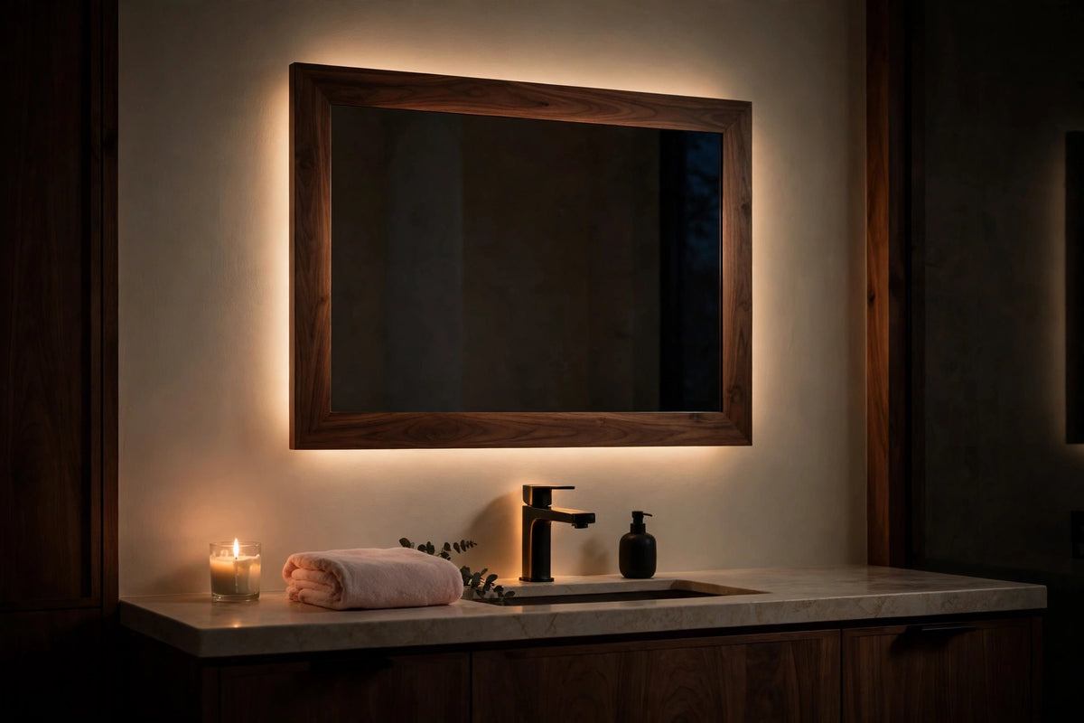 Custom lit walnut rectangle vanity mirror