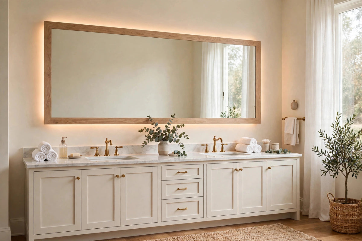 Custom lit white oak rectangle mirror