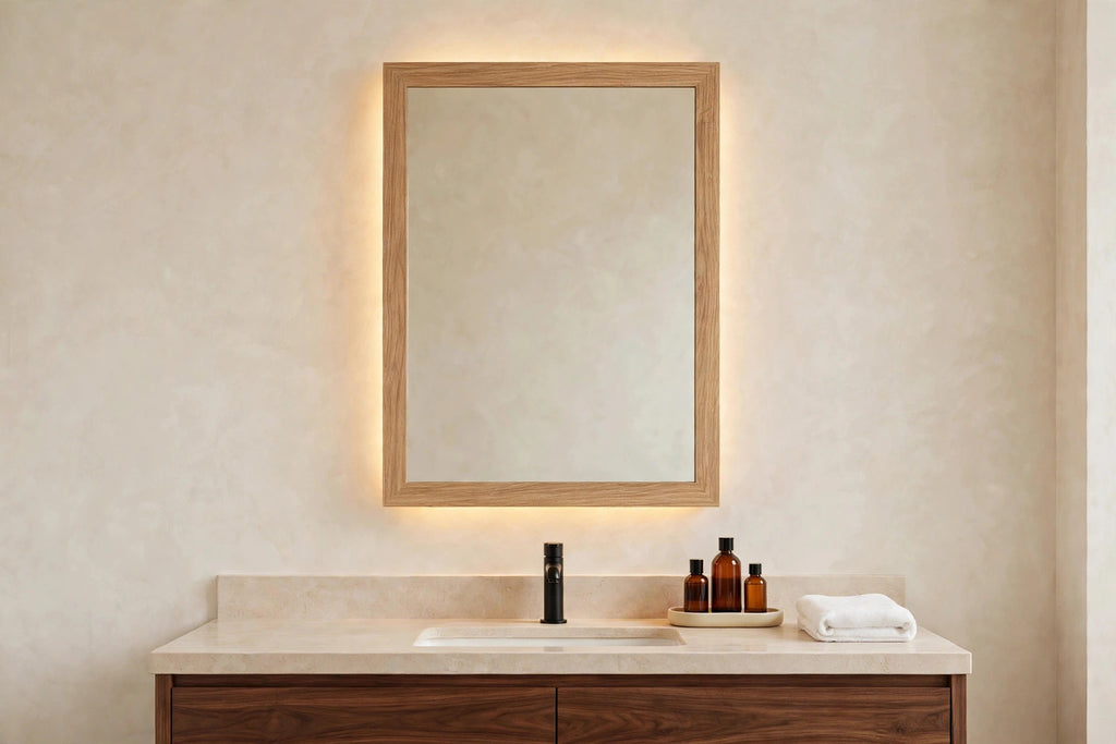 Custom lit white oak rectangle mirror