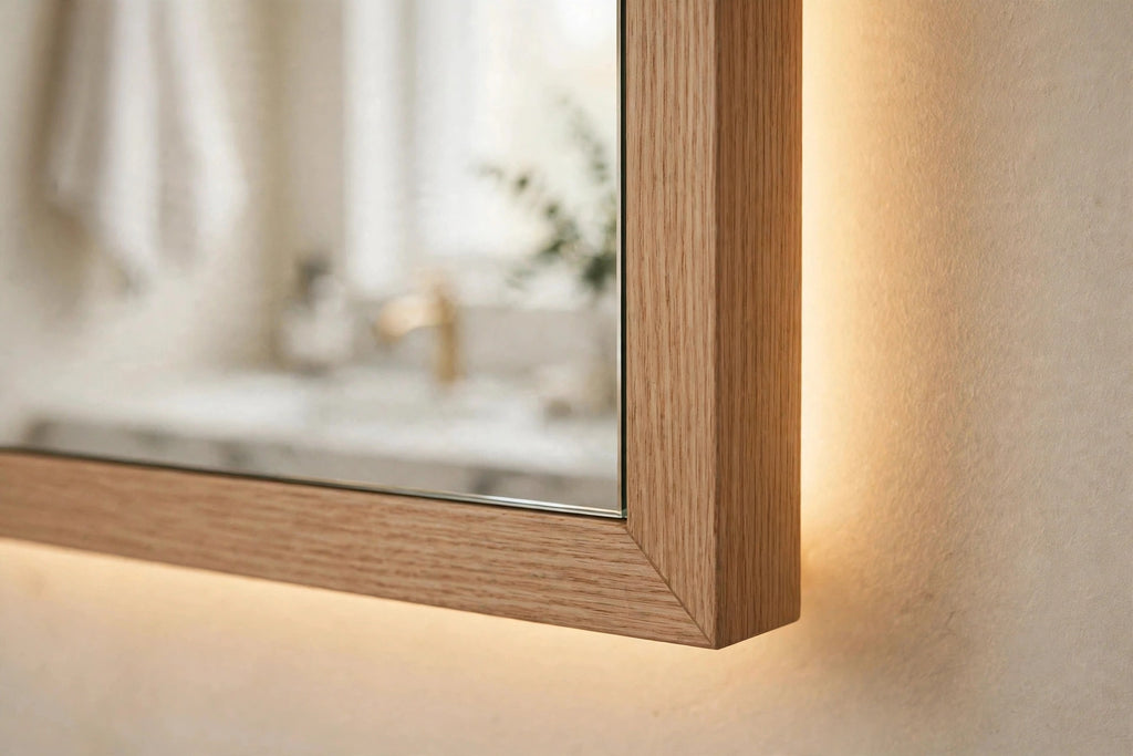 Custom lit white oak rectangle mirror