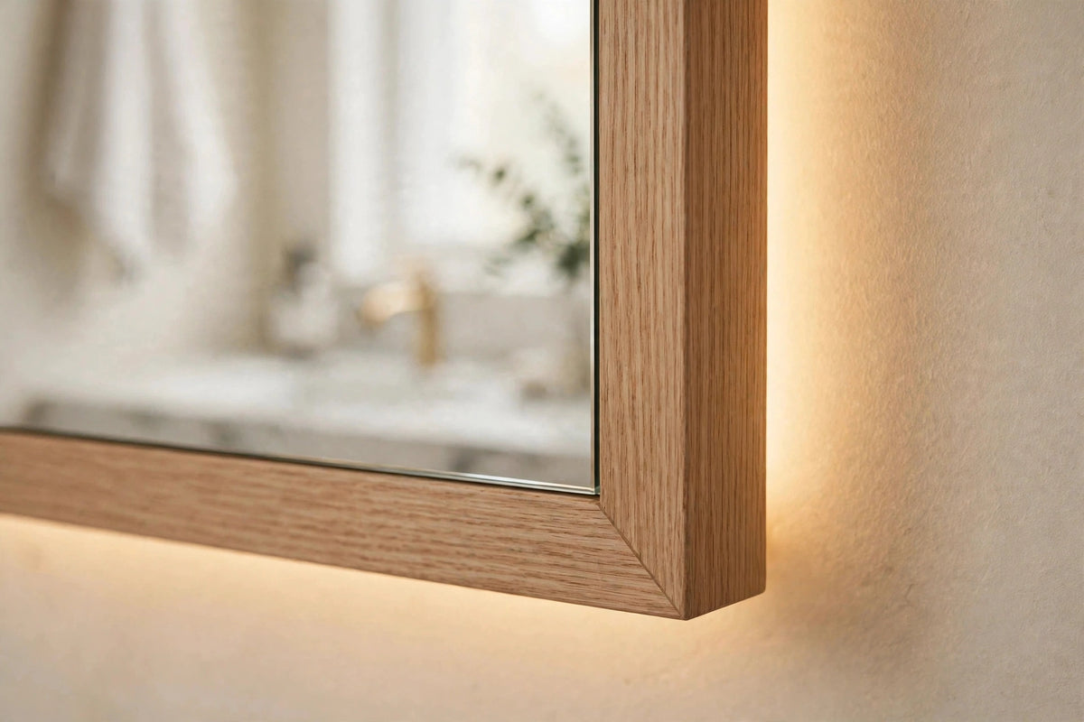 Custom lit white oak rectangle mirror