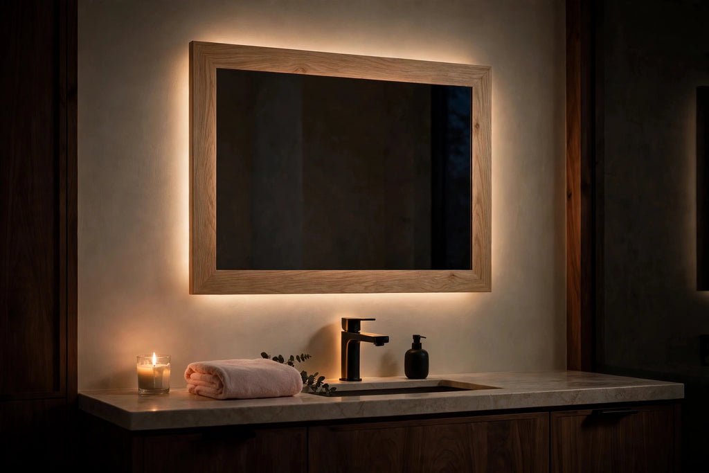 Custom lit white oak rectangle mirror