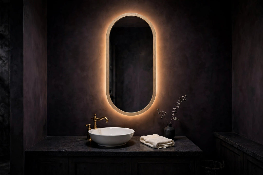 Custom lit white oak capsule vanity mirror