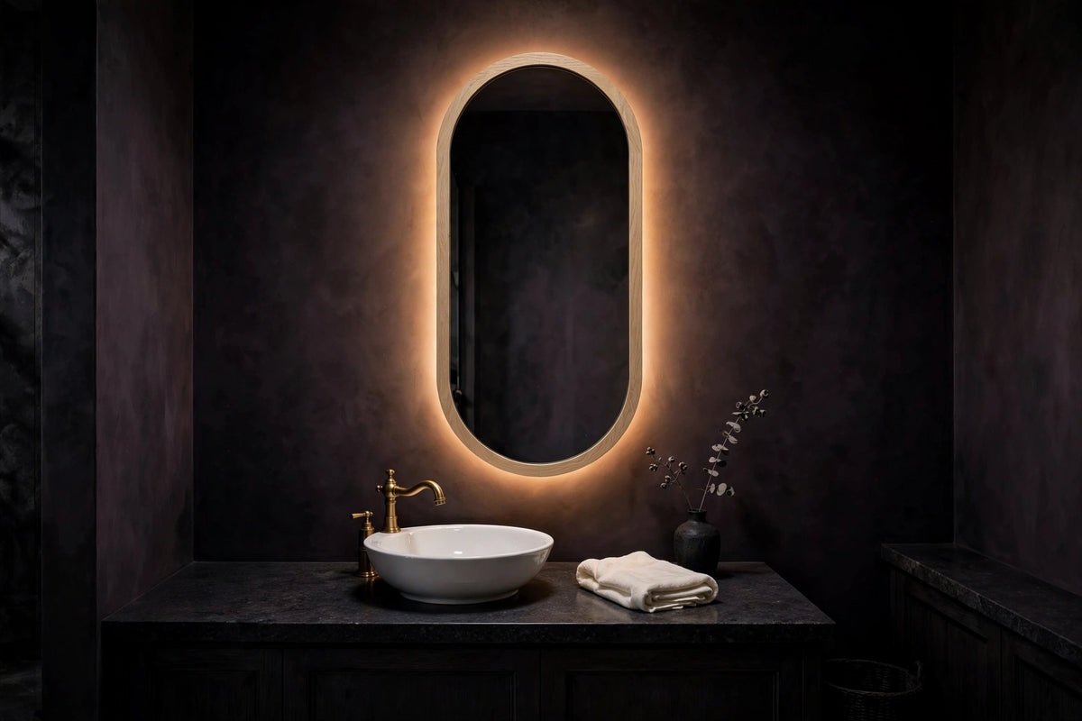 Custom lit white oak capsule vanity mirror