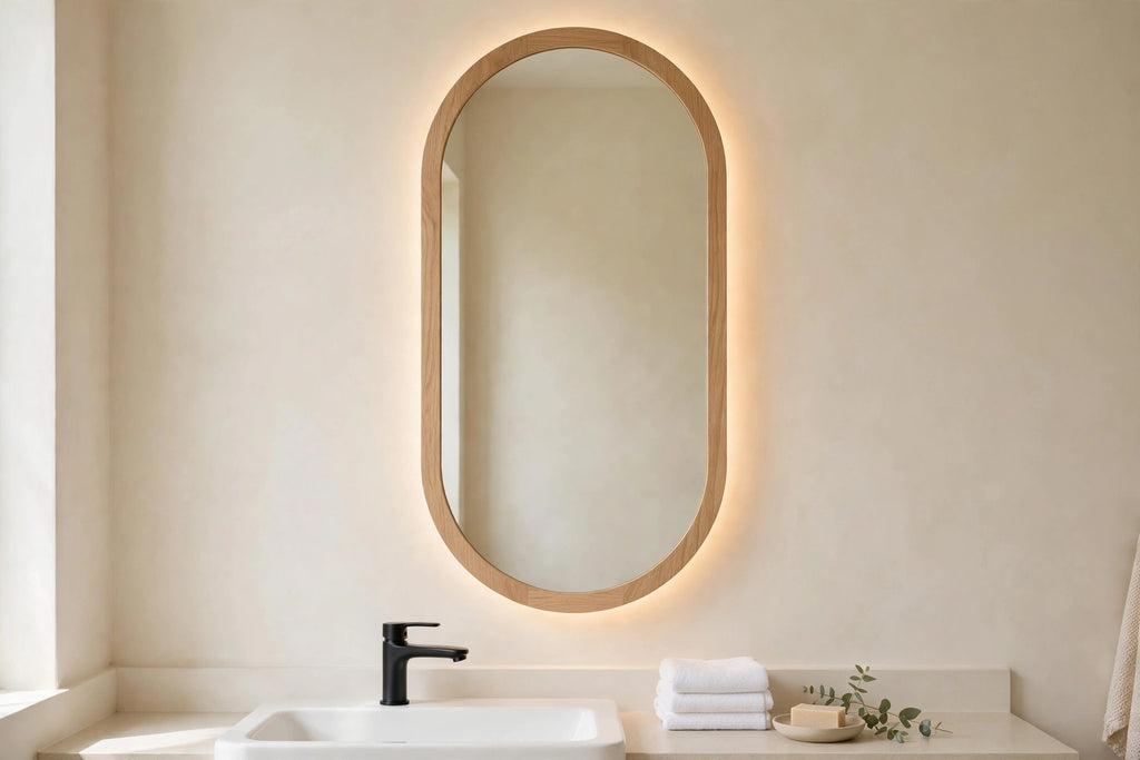 Custom lit white oak capsule vanity mirror