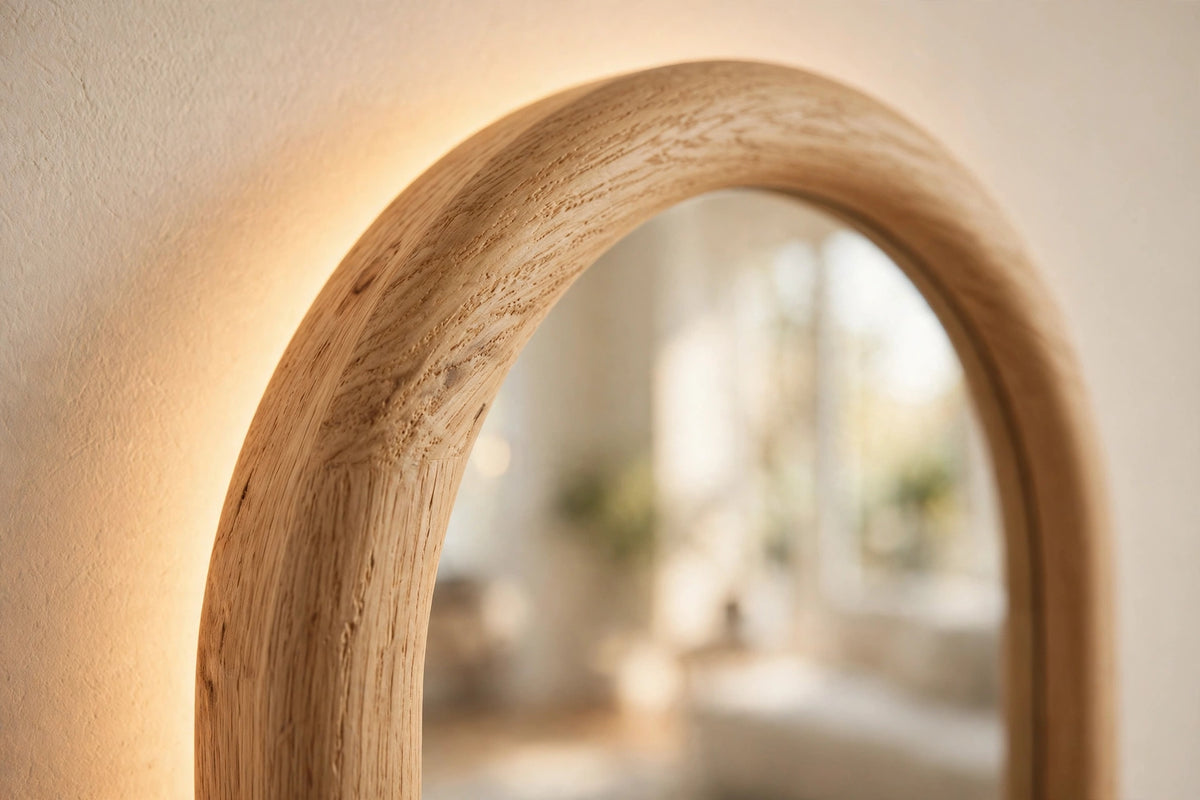 Custom lit white oak capsule vanity mirror