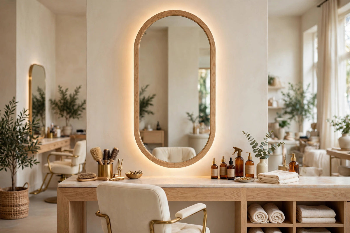Custom lit white oak capsule vanity mirror