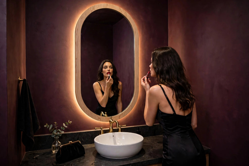 Custom lit white oak capsule vanity mirror