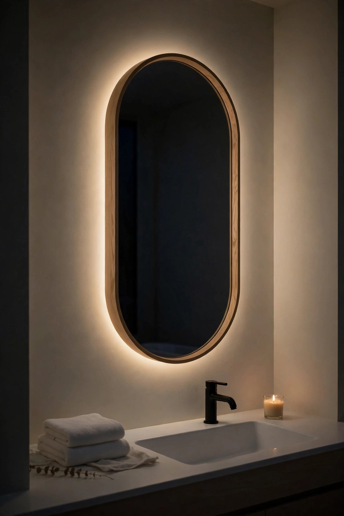 Custom lit white oak capsule vanity mirror