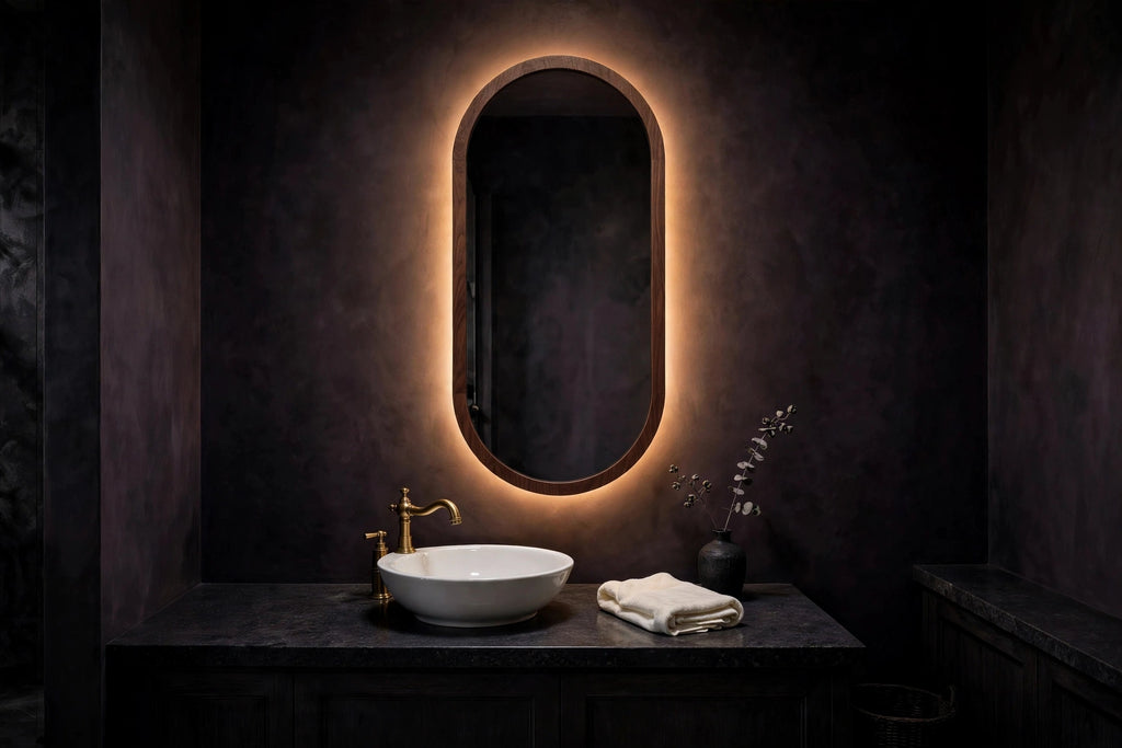Custom lit walnut capsule mirror