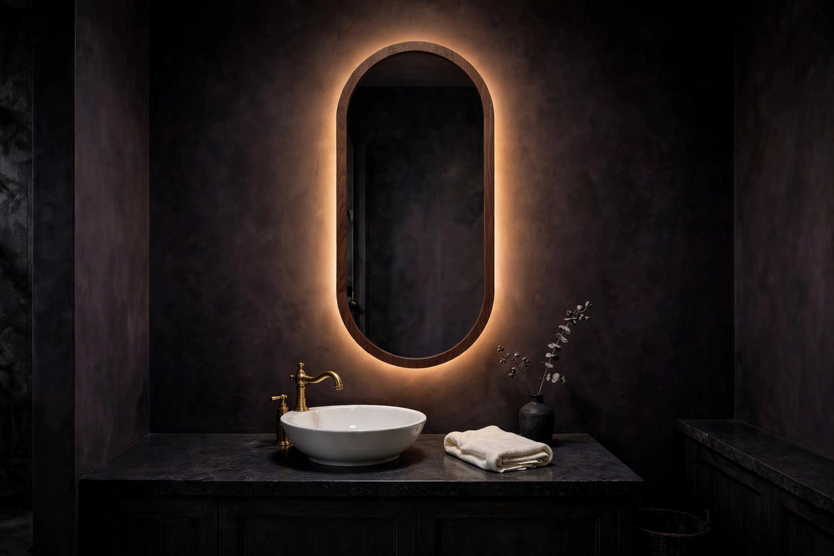 Custom lit walnut capsule mirror