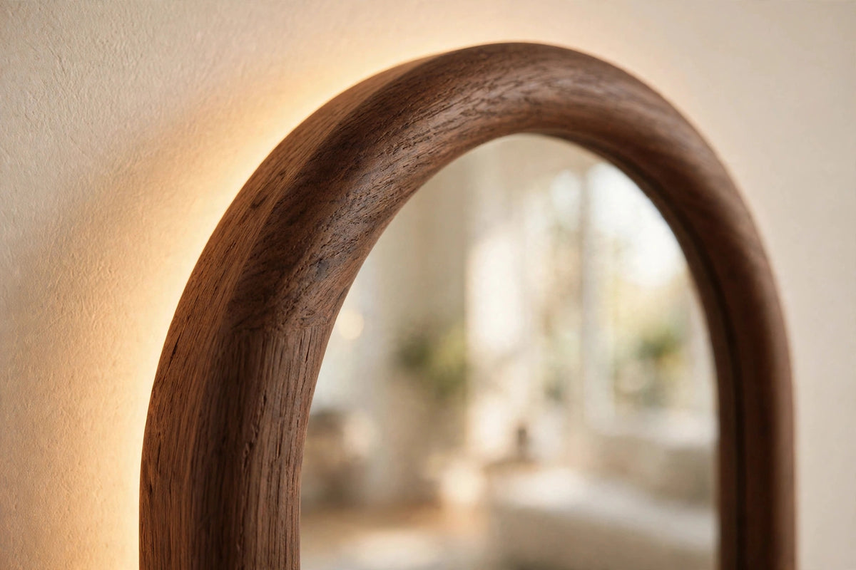 Custom lit walnut capsule mirror