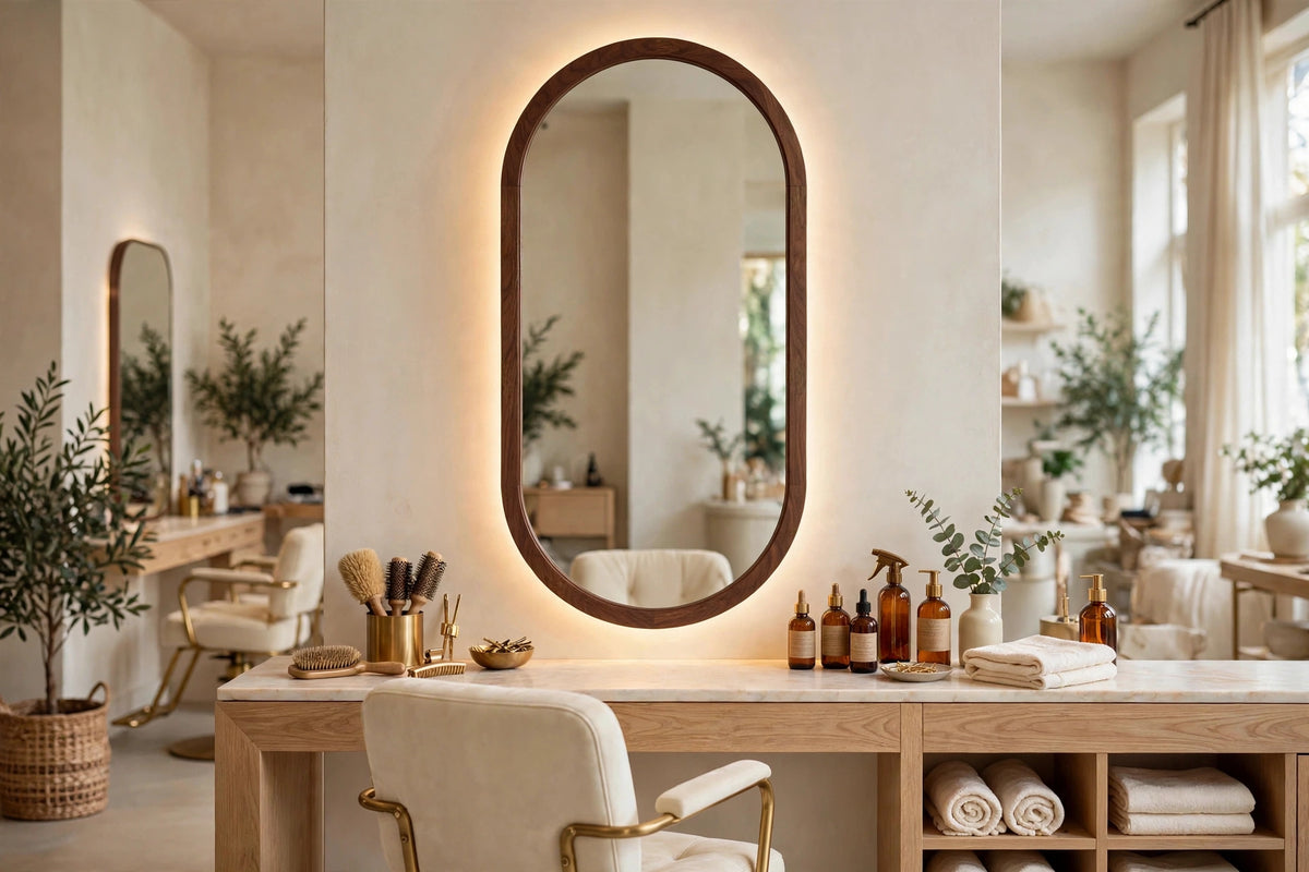 Custom lit walnut capsule mirror