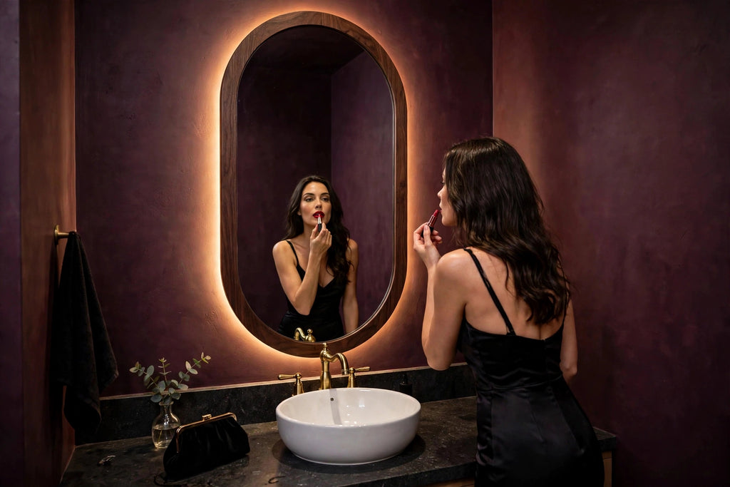 Custom lit walnut capsule mirror