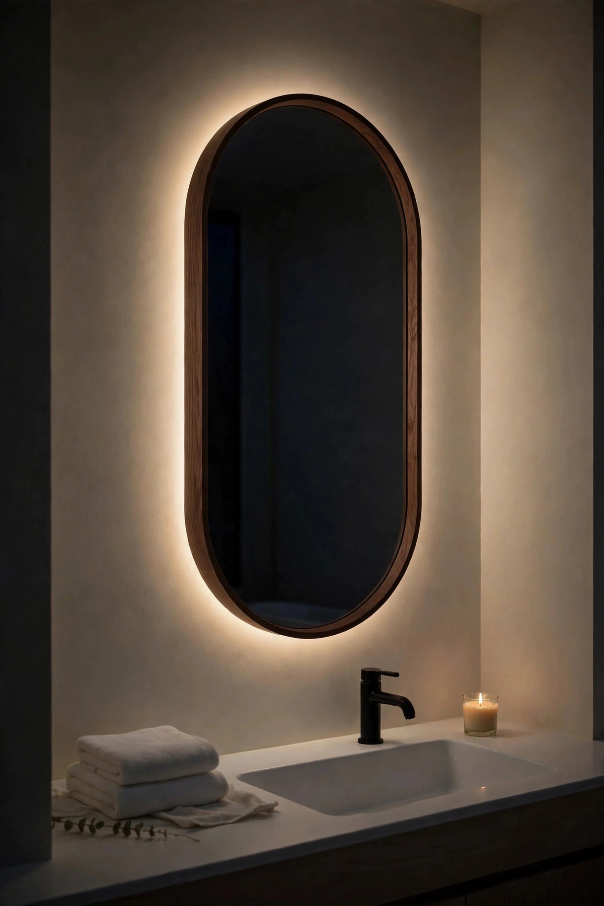 Custom lit walnut capsule mirror