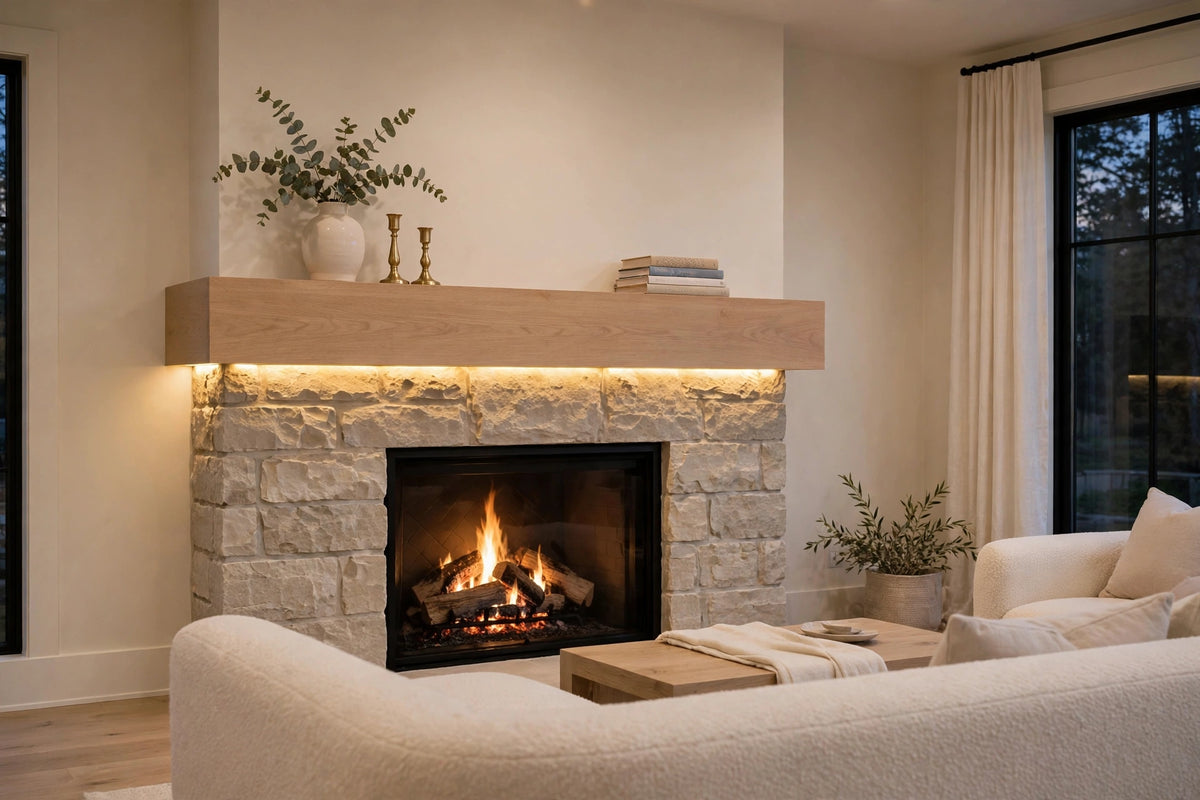 Custom lit white oak mantel — solid flat-face profile, plain styling