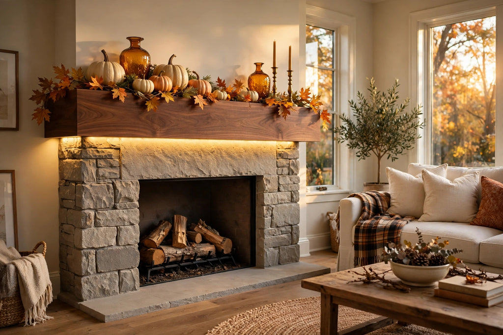 Custom lit walnut mantel — solid flat-face profile, fall styling