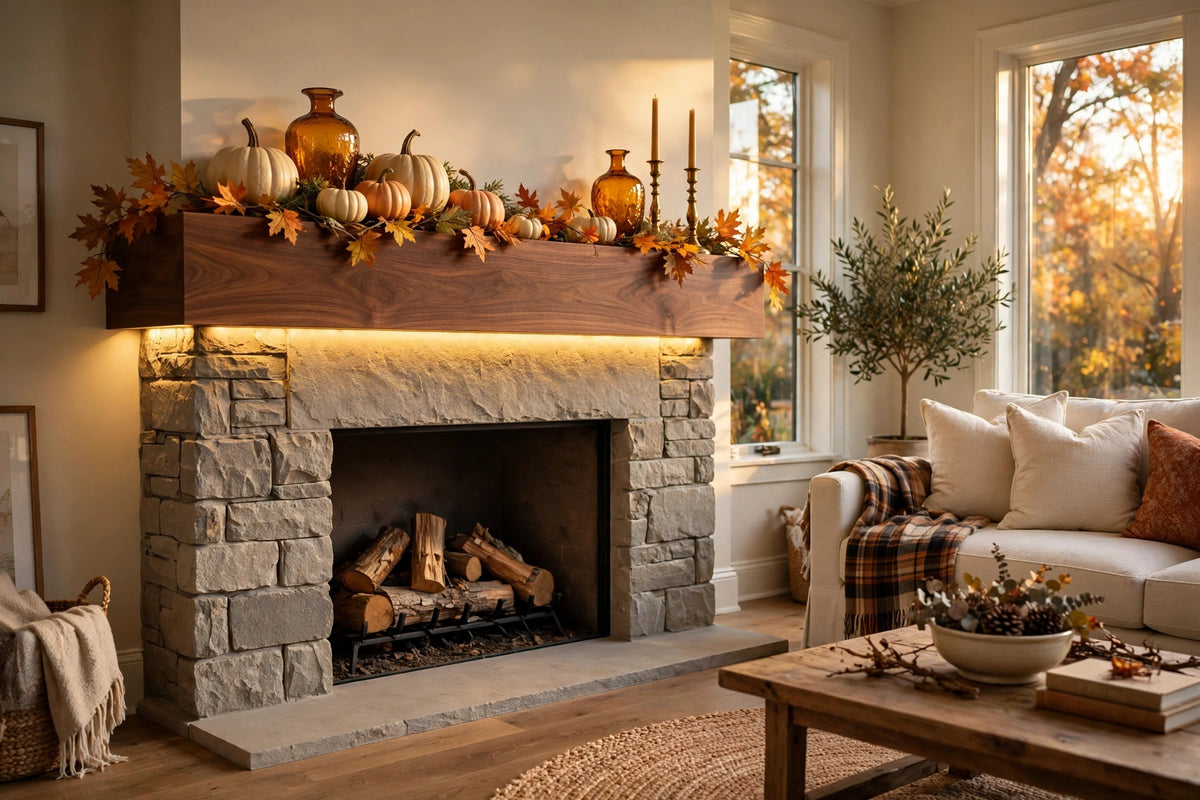 Custom lit walnut mantel — solid flat-face profile, fall styling