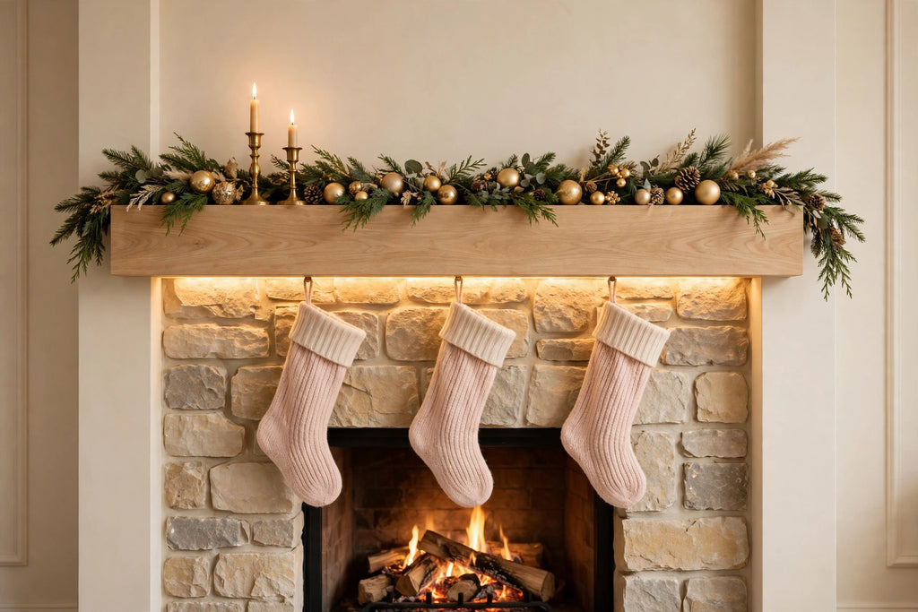 Custom lit white oak mantel — solid flat-face profile, Christmas styling