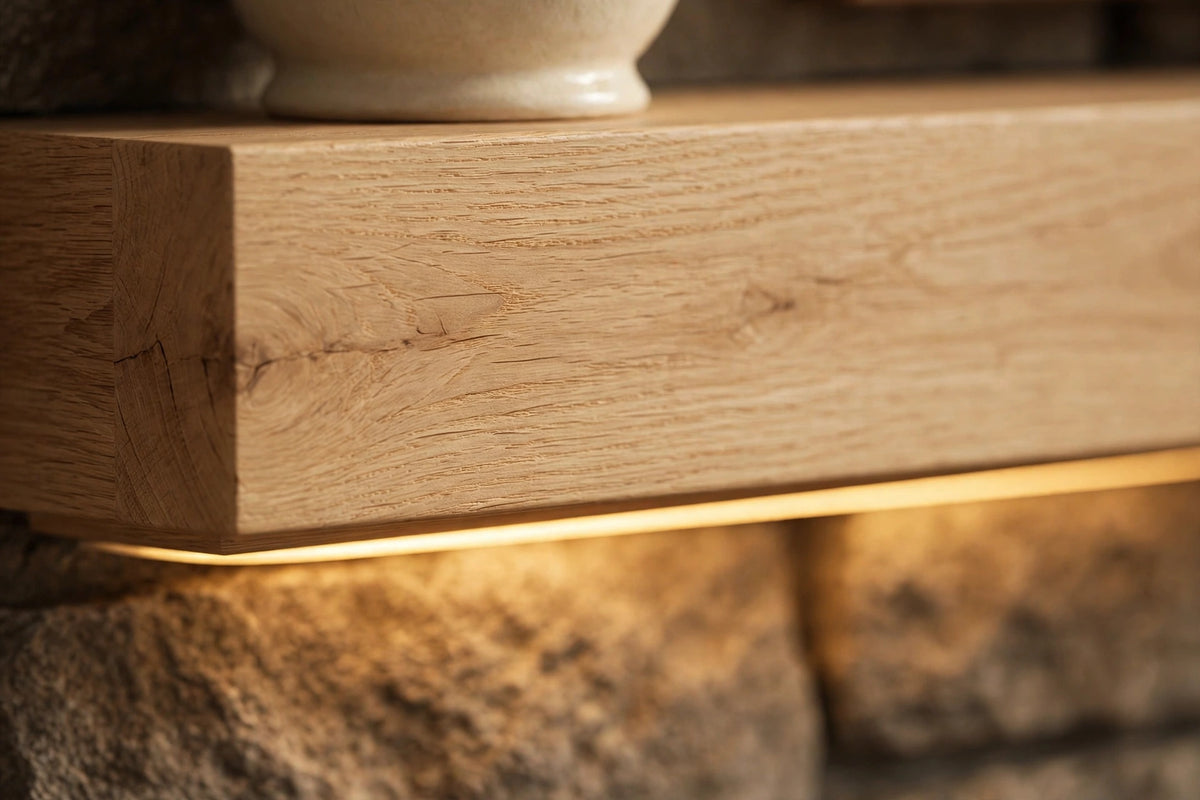 Custom lit white oak mantel — flat-face detail, hidden under-glow