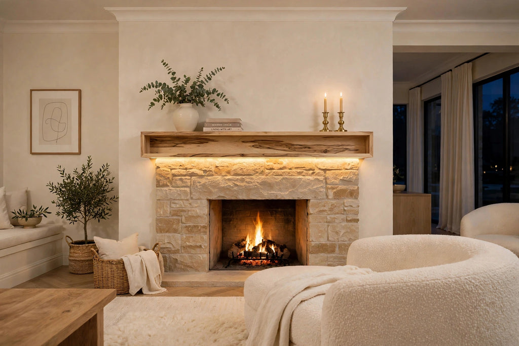 Custom lit hickory mantel
