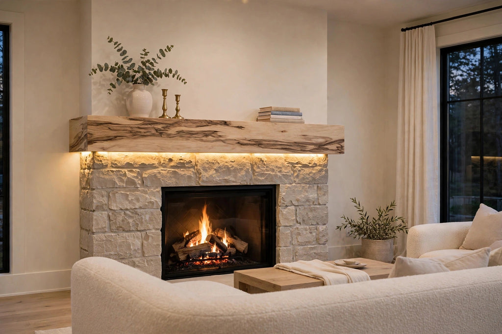 Custom lit hickory mantel