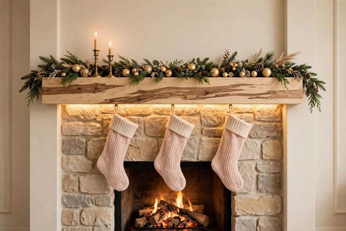 Custom lit hickory mantel