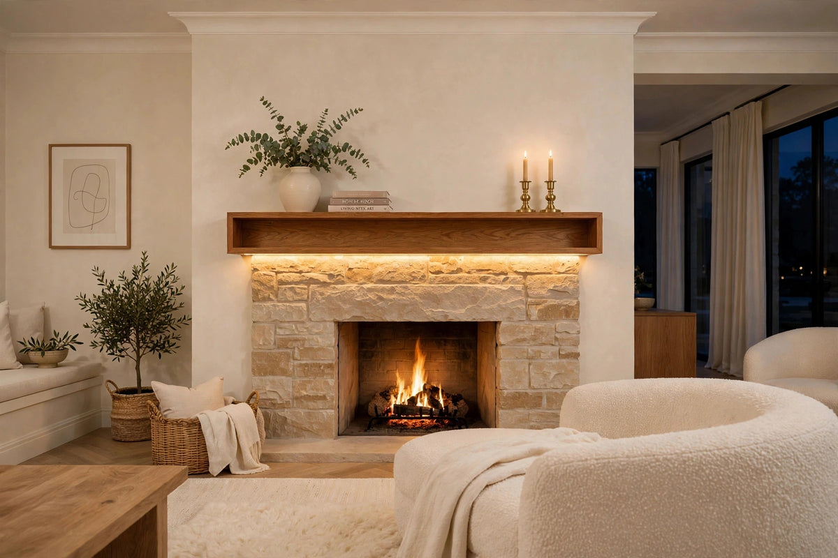 Custom lit teak mantel