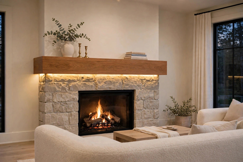 Custom lit teak mantel