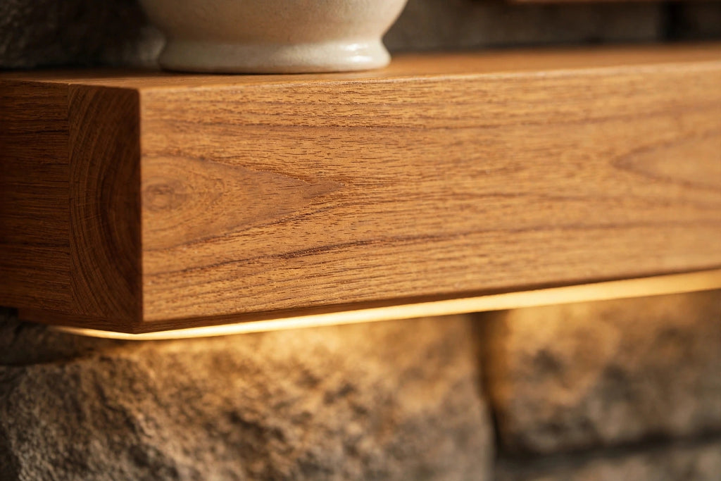 Custom lit teak mantel