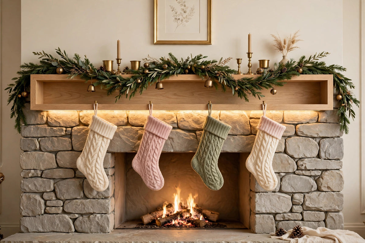 Custom lit white oak mantel — Christmas styling