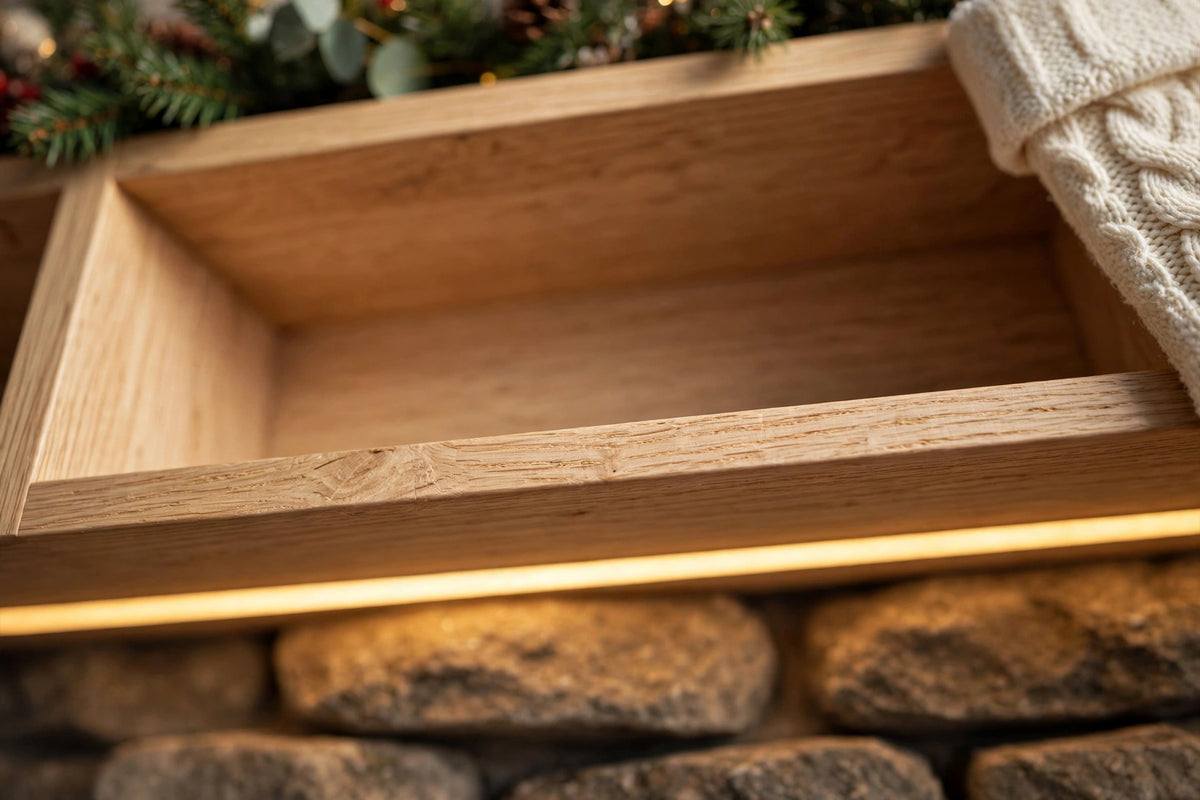 Custom lit white oak mantel — Christmas styling