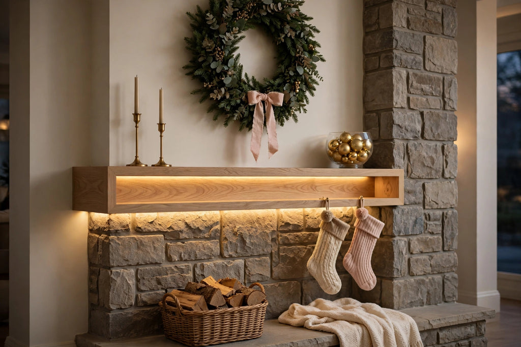 Custom lit white oak mantel — Christmas styling